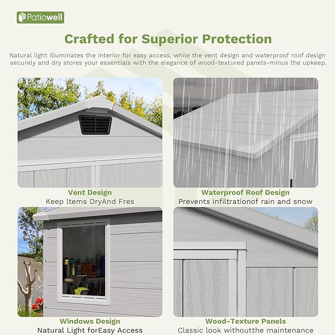 Patiowell 6X4 FT Outdoor Storage Shed, Plastic Tool Sheds with Lockable Door and Window, Weather-Resistant Garden Shed with Floor for Backyard, Patio, Easy Assembly, Light Grey