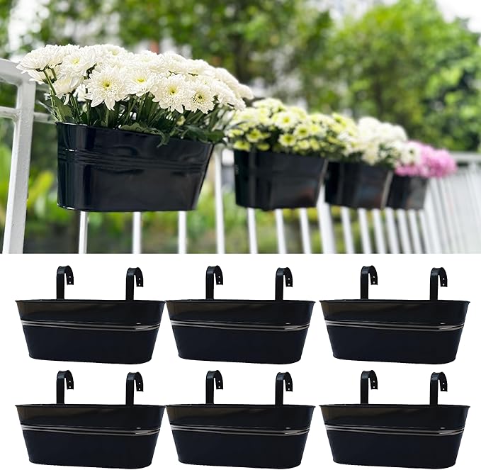 LaLaGreen Outdoor Plants Rail Planter (16 Inch, 6 Pack) Black Metal Iron Hanging Flower Pots Deck Railings Fence Buckets Modern Boho Style Wall Mount Window Boxes Plant Holder Hooks Porch Home Decor