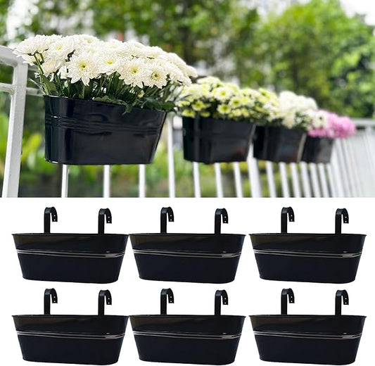 LaLaGreen Outdoor Plants Rail Planter (16 Inch, 6 Pack) Black Metal Iron Hanging Flower Pots Deck Railings Fence Buckets Modern Boho Style Wall Mount Window Boxes Plant Holder Hooks Porch Home Decor