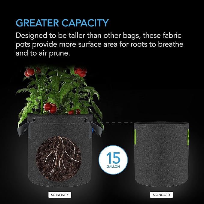 AC Infinity Heavy Duty Fabric Pots, 15 Gallon Aeration Reusable Grow Bags 5-Pack with 500G Thick Nonwoven Fabric and Multi-Purpose Rings, for Plant Hanging and Low Stress Training