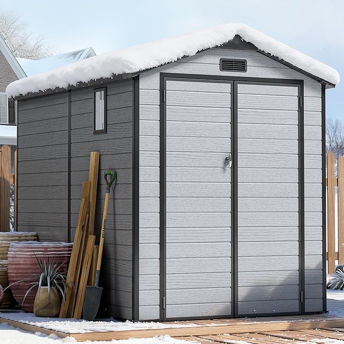 6X8 FT Outdoor Storage Sheds, Plastic Storage Shed with Floor & Drainage Channel for Bikes, Furniture, Gardening Tools, Lockable Outdoor Shed Suitable for Backyard, Patio, Lawn