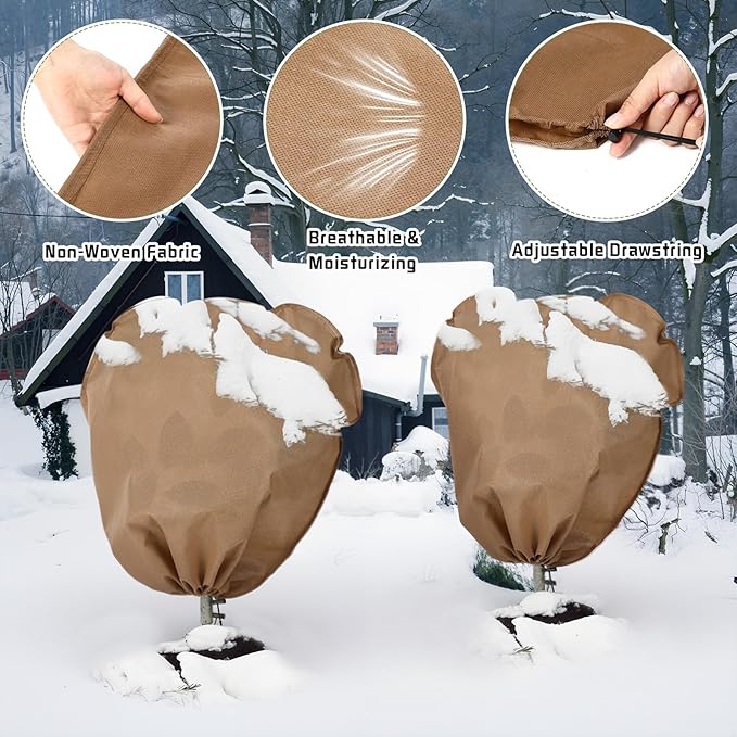 6 Pcs Winter Plant Covers Freeze Protection Reusable Plant Protector Bag with Drawstring Warm Shrubs Cover Frost Protection Planting Jacket Bags for Outdoor Garden, Brown (23.6 x 23.6 Inch)