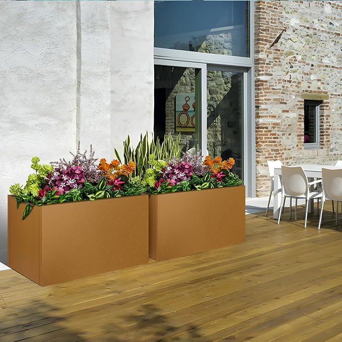 Corten Steel Planter Box 32"x16"x16", Metal Planter Spliced Flower Pot with Partitions, Outdoor & Indoor Large Rectangular Planter Box for Porch, Patio, Garden, Commercial Décor
