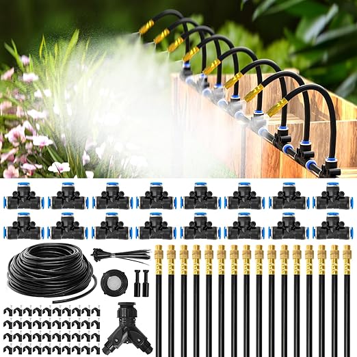 MIXC 100Ft 1/4" Drip Irrigation System,2025-Upgrade Garden Irrigation Kit with 16pcs Adjustable Copper Nozzles,Automatic Atomizing Watering Sprinkler System for Outdoor,Raisedbed,Lawn,Greenhouse