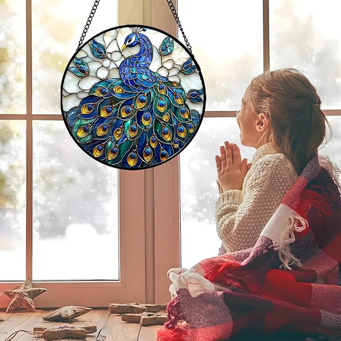 Stained Glass Window Hanging - Peacock Blue Gold Feathers Sun Catcher for Door Garden Home Decor Bird Suncatcher Christmas Mother's Day Birthday Gifts for Women Men Mom Nana 6.3 in
