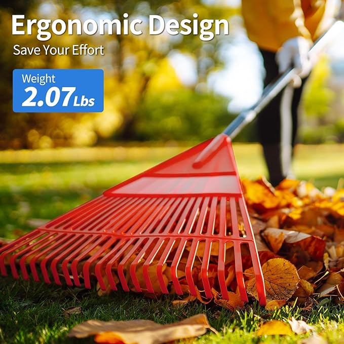 Garden Leaf Rake, 60" Garden Rakes with Foldable Lightweight Steel Handle, 22 Tines Plastic Head Shrub Rake, Folding Yard Garden Rake for Shrub, Lawns, Grass, Flower Beds Leaves Cleaning, Black & Red