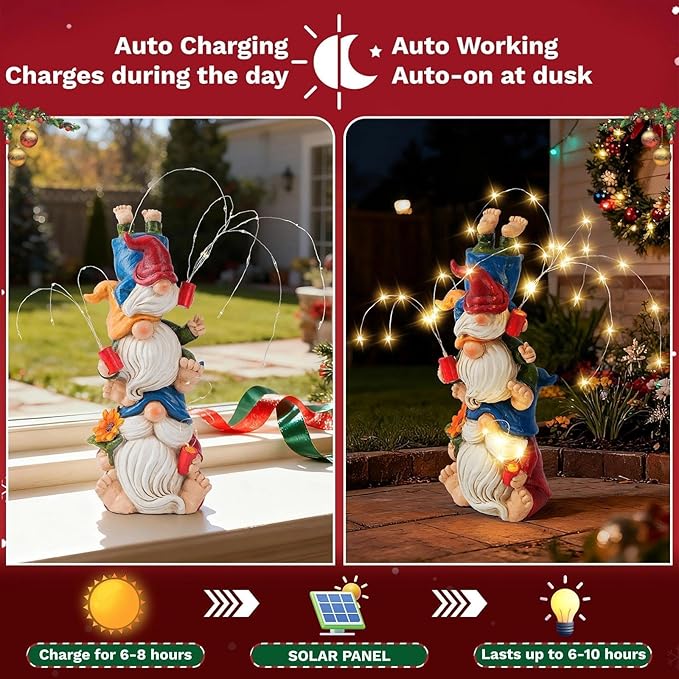 Christmas Gnomes Decorations for Yard, Triple Stacked with Firework Lights, Solar Garden Gnome Outdoor Decor Statue for Patio Lawn, Christmas Birthday Gift for Mom Grandma (11.5in)
