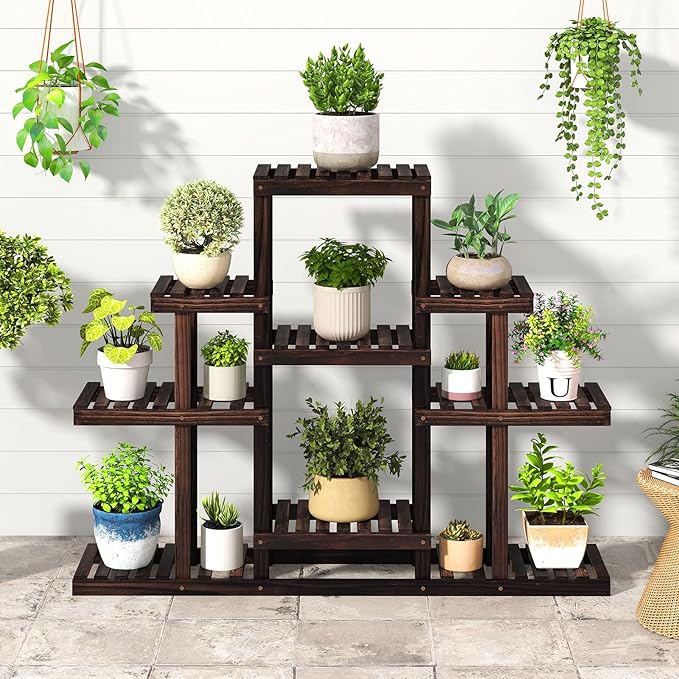 Giantex Plant Stand Indoor & Outdoor, 6 Tier Wood Flower Pot Stand for Multiple Plants, Plant Holder Display Rack, Ladder Storage Rack Plant Shelf for Living Room Balcony Garden Patio