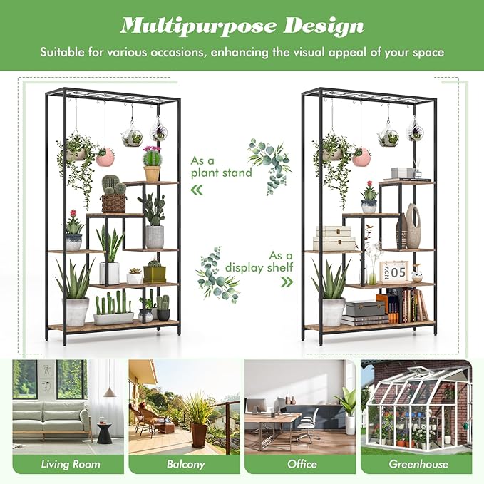 Giantex 71" Tall Plant Stand Indoor, 6-Tier Metal Plant Shelf with 10 Hanging Hooks, Multiple Potted Flower Bonsai Pots Display Rack for Indoor, Balcony, Living Room (Rustic Brown)