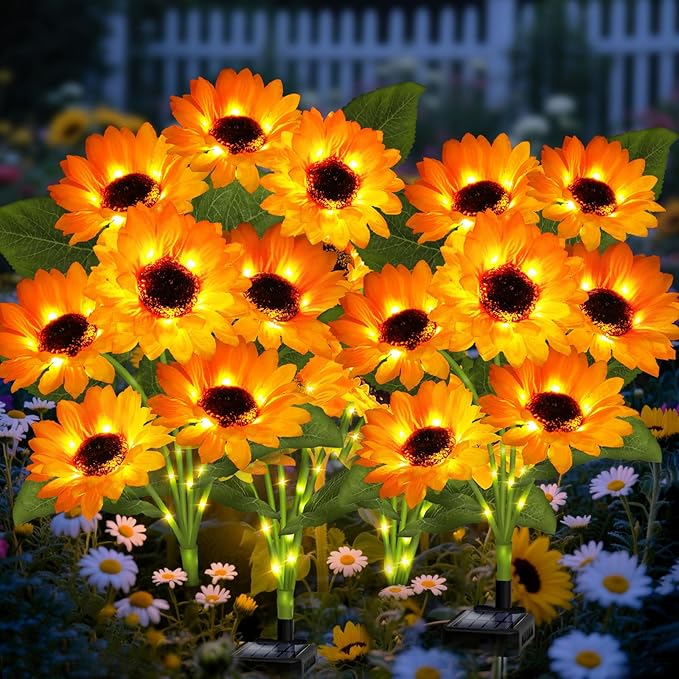 Solar Garden Lights 4 Pack 24 Sunflower Lights, Sunflowers Birthday, Waterproof Solar Flower Light for Outdoor Thanks Giving Decoration, Decorative Stakes for Yard,Landscape,Patio