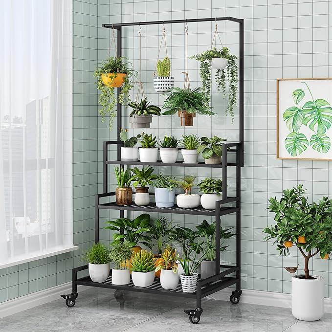YIZAJIA Plant Stand Indoor 3 Tier Metal Outdoor Tiered Stands Shelf With wheel for Multiple Plants Potted Ladder Plant Holder Table Plant Pot Stand for Window Garden Balcony Living Room (3 Tier-Black with Hanger)