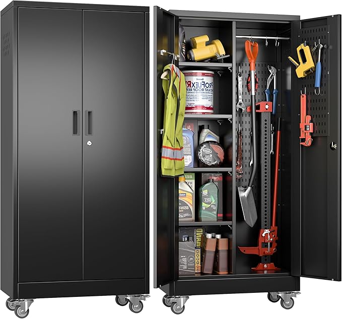 61.7"H Metal Garage Storage Cabinet with Wheels and Hanging Rod,Broom Closet Storage Cabinet with Pegboard and 4 Adjustable Shelves with 120LBS for Garage Home Office School,Required Assembly,Black