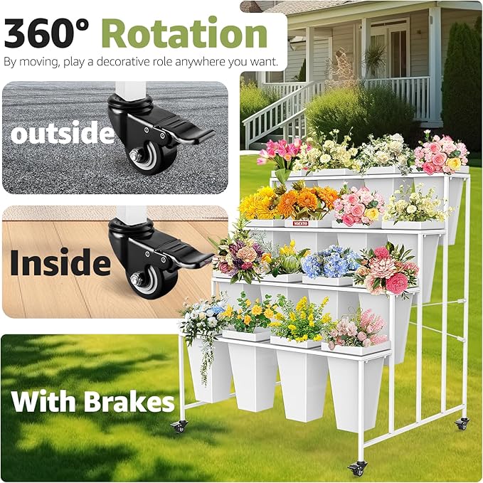 4 Layers Flower Display Stand with Buckets, 16 PCS Buckets Plant Stand with Wheels, Movable Metal Plant Stand for Terrace Garden, Living Room, Florist Shop