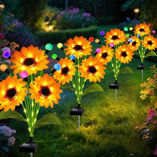 Solar Garden Lights-4 Pack Solar Sunflowers with Multicolor Changing Swaying Firefly Lights,Christmas Birthday Gifts for Mom Women,Waterproof Firefly Sunflower Light for Outdoor Patio Yard Decor