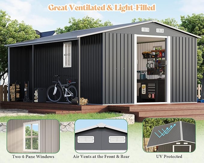 AMERLIFE 12x12x6.6 FT Galvanized Metal Storage Shed with Open Firewood Bay, Sliding Doors & Ramp, 2 Windows & Vents, Weather-Resistant Outdoor Tool/Garden Shed, Dark Grey/White