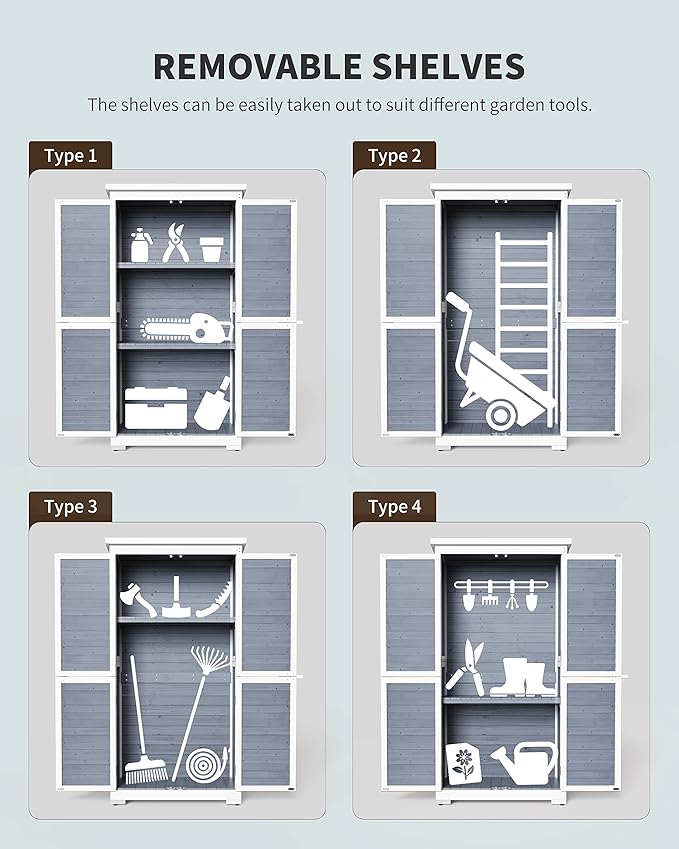 Gizoon Outdoor Storage Cabinet with 3 Shelves, Double Lockable Wooden Garden Shed with Waterproof Roof, Outside Vertical Tall Tool Shed for Yard Patio Lawn Deck-Grey