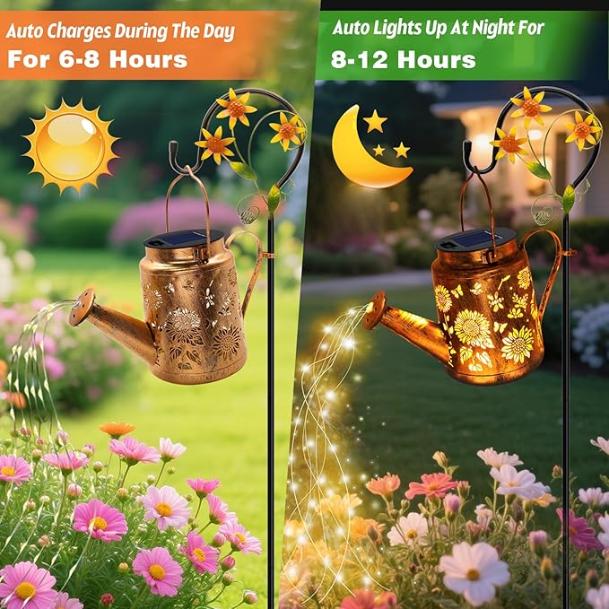 VOOKRY Solar Lights Outdoor Waterproof, Sunflower Metal Solar Watering Can Lights, Birthday Gifts for Women Mom Grandma Christmas, Hanging Garden Decor Yard Light for Outside Patio Lawn Porch