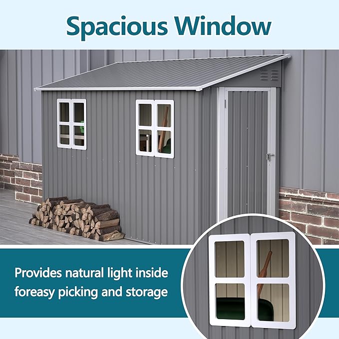 4X10 FT Outdoor Storage Shed W/ 2 Windows & Floor Frame,Lean to Shed W/Reversible Installation,Metal Garden Tool House W/Air Vents,Lockable Door & Sloped Roof,for Backyard Patio Lawn,Gray