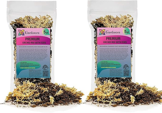 Gardenera Premium Orchid Mix by GARDENERA - 10 Quart - Fern + New Zealand Pine Bark + Sphagnum Moss + Perlite | Best for Growing and Repotting Orchids (2 Bags of 5 QT)
