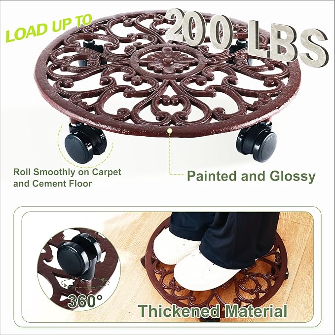 1 Packs 14 Inch Rolling Plant Stand with Wheels Metal Plant Caddy with Wheels Heavy Duty Round Plant Stand Indoor Iron Plants Rollers for Plants, Plant Dolly Brown