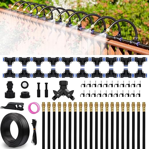 Drip Irrigation System 100 FT with 32 Nozzles, 360° Adjustable Bendable Garden Watering Misting System for Greenhouse, Yard, Lawn, Plant, Garden, 1/4 inch Hose