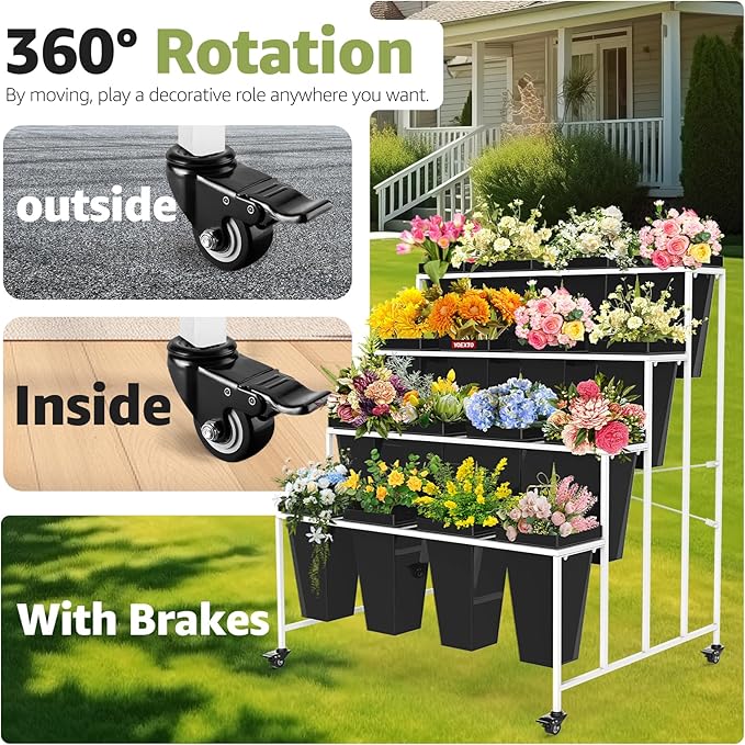 4 Layers Flower Display Stand with Buckets, 16 PCS Buckets Plant Stand with Wheels, Movable Metal Plant Stand for Terrace Garden, Living Room, Florist Shop