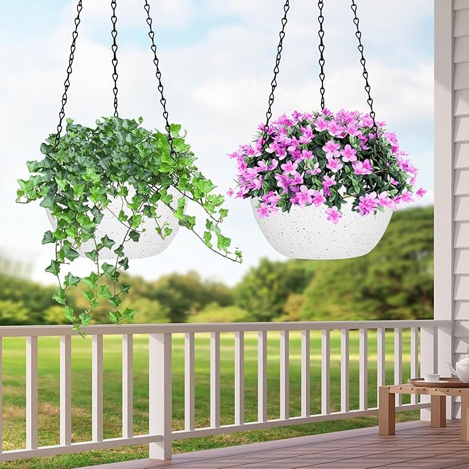 13 inch Hanging Planters for Indoor Outdoor Plants, 2 Pack Hanging Pots with Drainage Holes and Chain, Plastic Hanging Flower Pots for Garden Home Decor, Speckled White