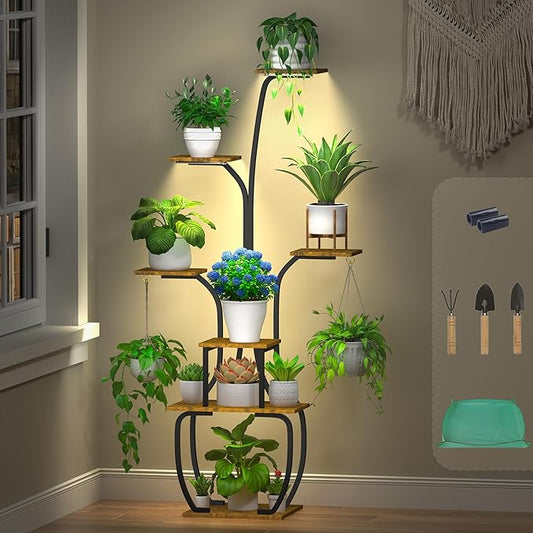 Plant Stand Indoor with Grow lights, 55" Tall 7 Tiered Large Plant Shelf for Indoor Plant Vase-Shape Rack Plant Pot Holder Gardening for Living Room Corner Black