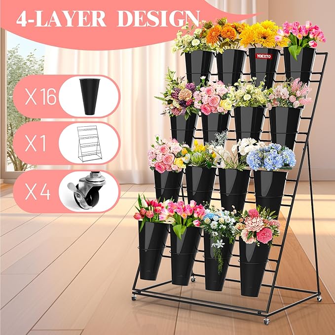 Flower Display Stand with Buckets, 4 Layers 16 PCS Buckets Plant Stand with Wheels, Movable Metal Plant Stand for Terrace Garden, Living Room, Florist Shop (Black Frame - Black Buckets, 4-Tier)