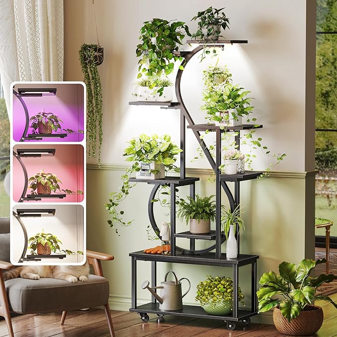 PRAISUN 65 Inch Plant Stand with Grow Light, 9 Tiered Indoor Plant Shelf with Larger Flower Holder, Music Note-shaped Stand with Top Ring Hook , Corner Plant Rack for Living Room, Black