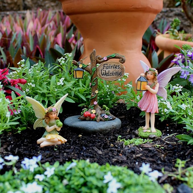 PRETMANNS Fairies for Fairy Garden – Cute Accessories for an Outdoor Miniature Garden with Figurines and a Sign- Colorful Supplies – 3 Piece Set
