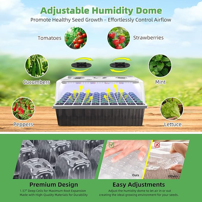 Seed Starter Tray with Grow Light, 2 Pack 120 Cells Seedling Tray Kit with 3-in-1 Soil Moisture Meter, Indoor Seedling Starter Tray for Plant Germination, Seeds Growing