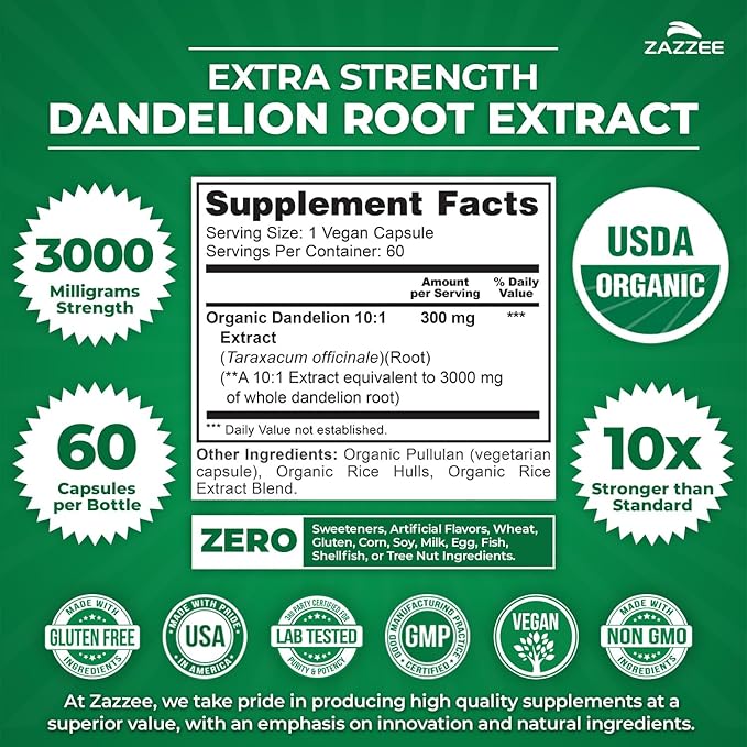 Zazzee USDA Organic Dandelion Root 10:1 Extract, 3000 mg Strength, 60 Capsules, 2 Month Supply, Standardized and Concentrated 10X Extract, 100% Vegetarian, All-Natural and Non-GMO