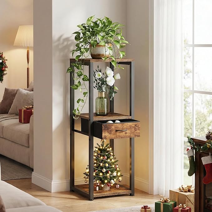 3 Tier Tall Plant Stand with Fabric Drawer , Corner Plant Stands for Indoor Plants Multiple, Small Side Table for Indoor Plants