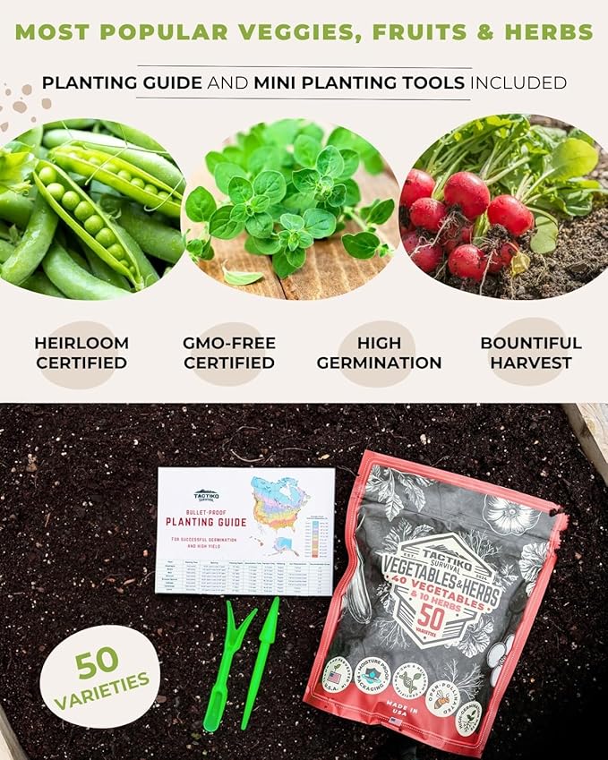 50 Tactiko Survival Vegetable, Herb & Fruit Seed Kit - U.S.A. Harvested Varieties - Over 35,000 Non-GMO Heirloom Seeds - Emergency Seed Vault in Waterproof Mylar Bag - Long-Term Storage