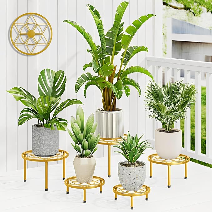 5 Pack Metal Potted Plant Stands for Indoor Outdoor,Round Planters Flower Pots Stand Holder,Heavy Duty Anti-Rust Iron Plant Shelf for Home Garden Patio Decoration(GoldDiamond)