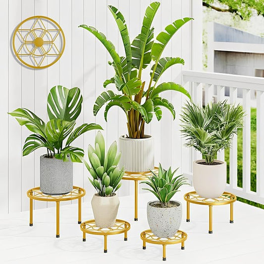 5 Pack Metal Potted Plant Stands for Indoor Outdoor,Round Planters Flower Pots Stand Holder,Heavy Duty Anti-Rust Iron Plant Shelf for Home Garden Patio Decoration(GoldDiamond)