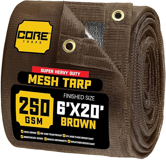 Core Tarps 60% Brown Shade Cloth with Grommets - 6 X 20 FT Heavy Duty Mesh Tarp - Sun Shade Cloth for Garden Vegetables Plants Greenhouse Outdoors Backyard Fences Dump Trucks Patio Mesh Shade Tarp