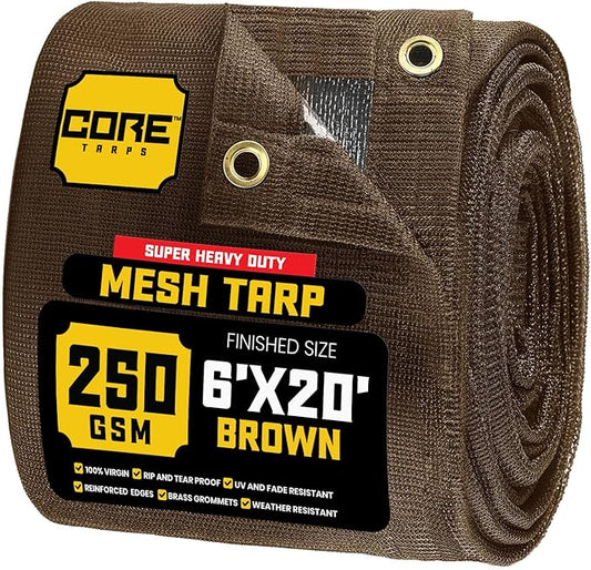 Core Tarps 60% Brown Shade Cloth with Grommets - 6 X 20 FT Heavy Duty Mesh Tarp - Sun Shade Cloth for Garden Vegetables Plants Greenhouse Outdoors Backyard Fences Dump Trucks Patio Mesh Shade Tarp