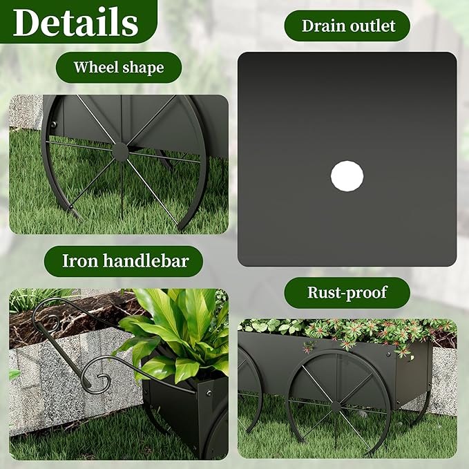 Small Raised Garden Bed Outdoor with Wagon Wheels, Metal Wagon Planter Box, Decorative Garden Planter for Flowers Herbs Vegetables, Flower Cart for Patio, Balcony (Black)