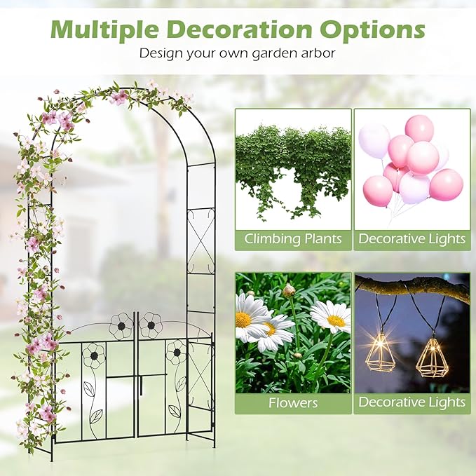 Giantex Garden Arbor with Gate, 7.5FT Metal Arch Trellis for Climbing Plants Rose Ivy, Archway Pergola with Flower Door, 4 Stakes, Garden Arch for Wedding Ceremony Bridal Party Decoration