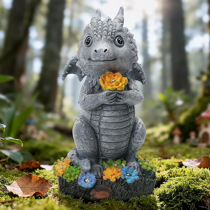 Solar Garden Outdoor Statues Dragon Holding Flower with LED Lights, Lawn Decor Outside Statue for Patio, Balcony, Yard Ornament, Housewarming Gift for Wife Mom Grandma