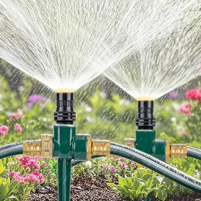 Above Ground Sprinkler System with Metal Spike Base Irrigation System for Garden Multi-Adjustable Lawn Sprinkler Set Ideal for Small Areas Plant and Flower Bed Watering, Two 15ft Green Hose Included