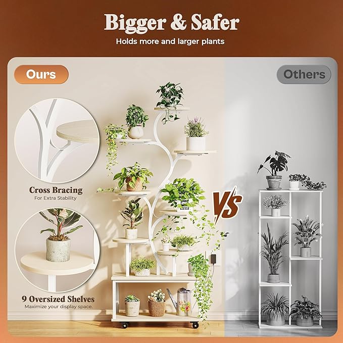 PRAISUN 63.6 Inch Plant Stand with Grow Lights, 9 Tiered Indoor Plant Shelf with Larger Flower Holder, Curved-tubed Design, 3 Light Modes, Movable Wheels, Corner Plant Rack for Living Room, White