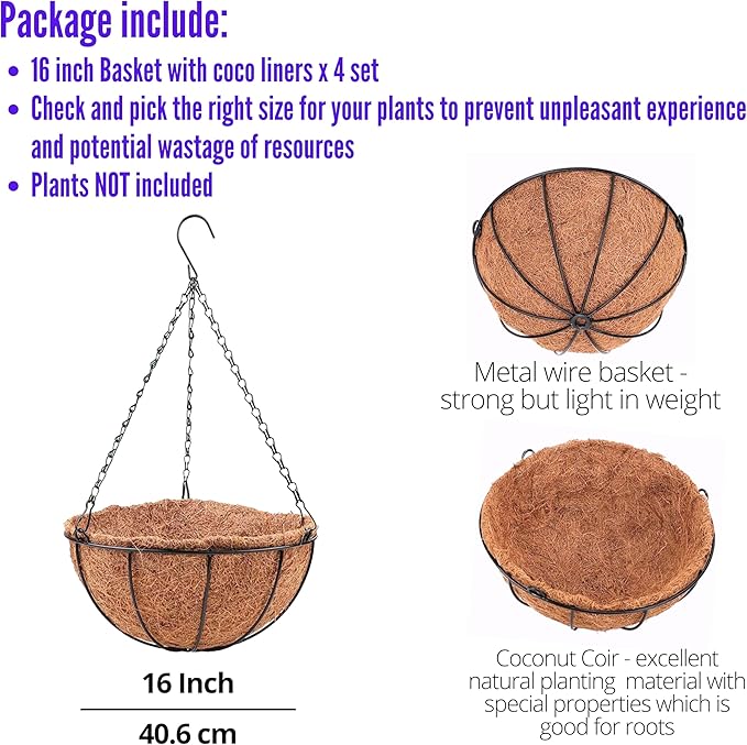 LaLaGreen Hanging Baskets for Plant Outdoor (4 Pack, 16 Inch) Extra Large Hanging Planter with Coco Liner Black Round Metal Wire Flower Pot Holder Hanger Deck Porch Garden Balcony Rustic Country Decor