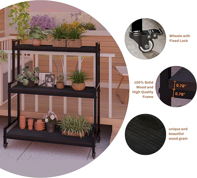 Plant Stand Indoor with Wheels 37” H, Rolling Plant Shelf Rack Outdoor,Metal Plant Stands with Solid Wood for Multiple Plants,Industrial Ladder Plant Flower Shelf for Garden,Living Room,Black