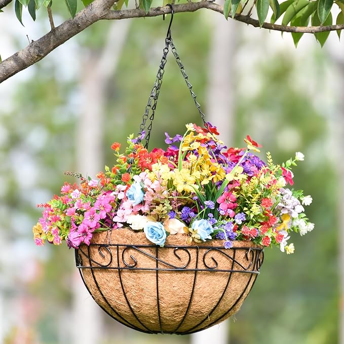 4 Pack 14 Inch Hanging Baskets for Plants Outdoor Metal Hanging Planter Basket with Coco Coir Liner Hanging Flower Pots Holder for Garden, Patio(Flower)