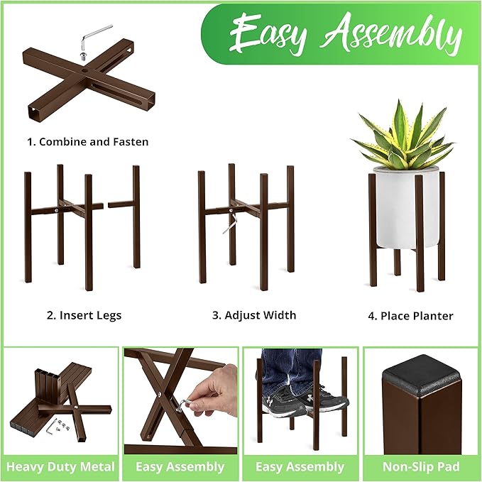 Sorbus Adjustable Metal Plant Stand – Mid Century Style Flower Pot Holder, 10 to 16 Inches Planter Stand for Modern Home Décor, Houseplants – Plant & Pot NOT INCLUDED (Brown, 1 Pack)