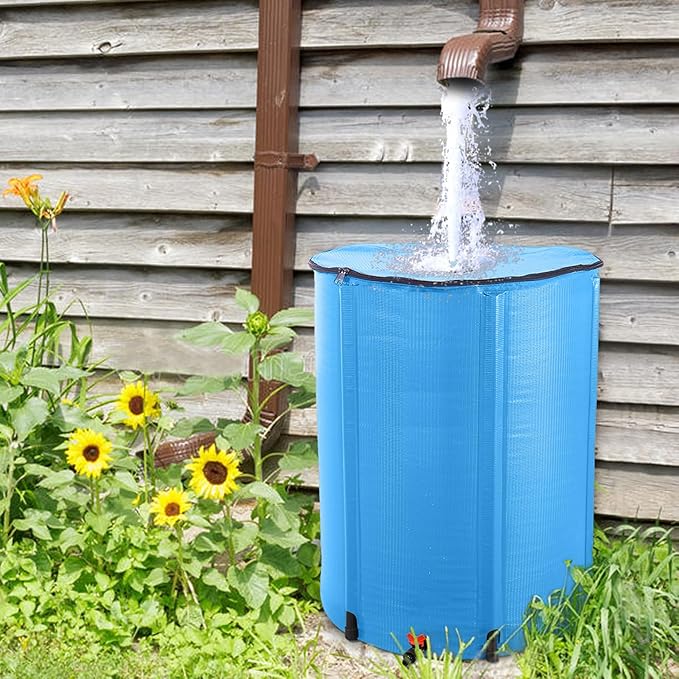 Collapsible Rain Barrel, 100 Gallon Portable Rainwater Collection System, Water Storage Tank, Rain Catcher Barrel with Spigots and Overflow Kit, Rain Water Barrel Collector for Garden, Blue