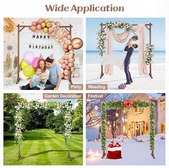 S AFSTAR 7.2FT Square Wedding Arch Frame Wooden, Balloon Floral Arch Stand W/Triangular-Shaped Base, 4 U-Shaped Stakes, Indoor Outdoor Wood Arbor Backdrop Stand for Wedding Ceremony Party
